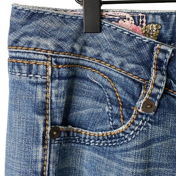 Blue Tattoo Low Rise Bootcut Distressed Jeans Big Stitch Embroidered Rose Logo - Picture 5 of 16